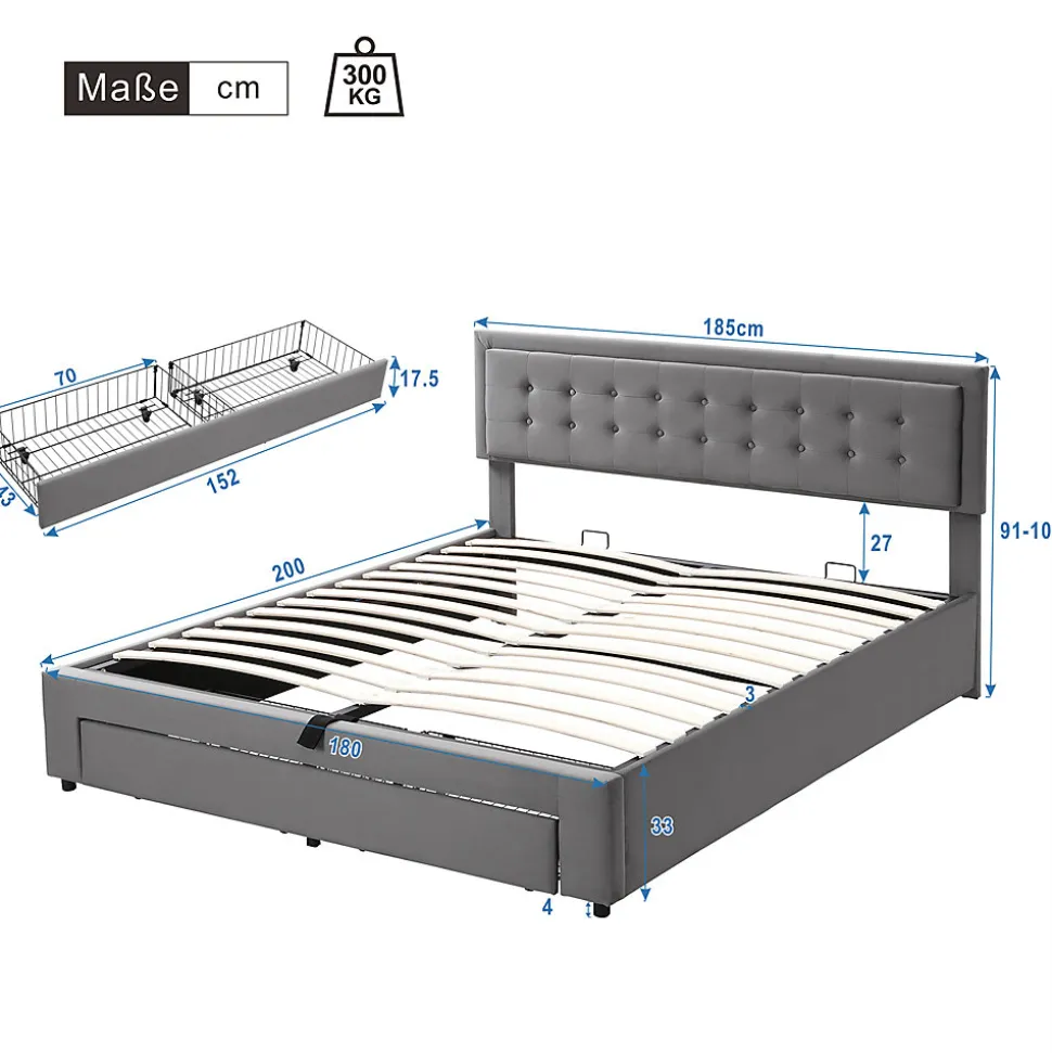 Lit 180x200 cm en velours gris avec grand coffre de rangement et tête de lit réglable, style européen élégant