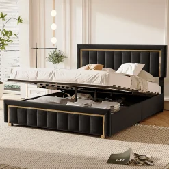 Lit 140x200 cm en velours noir à rayures verticales avec bordure dorée, Design élégant et moderne pour chambre adulte ou ado