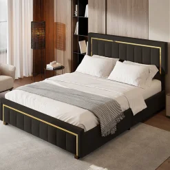 Lit 140x200 cm en velours noir à rayures verticales avec bordure dorée, Design élégant et moderne pour chambre adulte ou ado