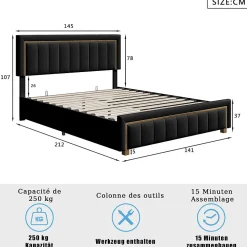 Lit 140x200 cm en velours noir à rayures verticales avec bordure dorée, Design élégant et moderne pour chambre adulte ou ado