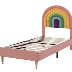 Lit 90x200 cm en velours rose avec tête de lit réglable de 6 cm, sommier 12 lattes et pieds stables, moderne