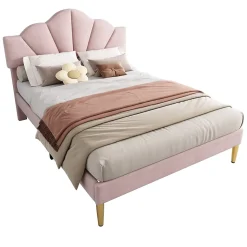 Lit 140x200 cm en velours rose avec tête de lit réglable, pieds métal doré et sommier à lattes bois