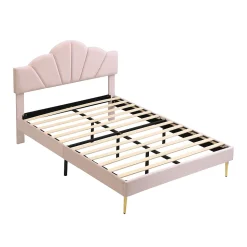 Lit 140x200 cm en velours rose avec tête de lit réglable, pieds métal doré et sommier à lattes bois