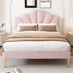 Lit 140x200 cm en velours rose avec tête de lit réglable, pieds métal doré et sommier à lattes bois