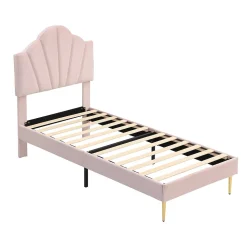 Lit 90x200 cm en velours rose avec tête de lit réglable style coquillage et pieds métal doré, élégant