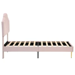 Lit 90x200 cm en velours rose avec tête de lit réglable style coquillage et pieds métal doré, élégant