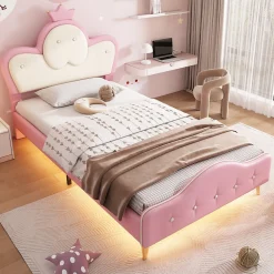 Lit 90x200 cm enfant avec tête rembourrée en vague et couronne, PU blanc/rose et bande LED intégrée