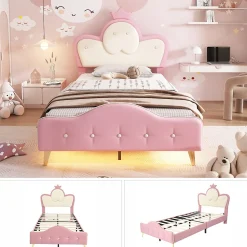Lit 90x200 cm enfant avec tête rembourrée en vague et couronne, PU blanc/rose et bande LED intégrée