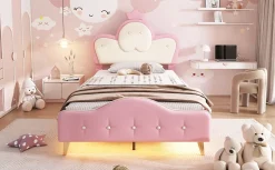 Lit 90x200 cm enfant avec tête rembourrée en vague et couronne, PU blanc/rose et bande LED intégrée