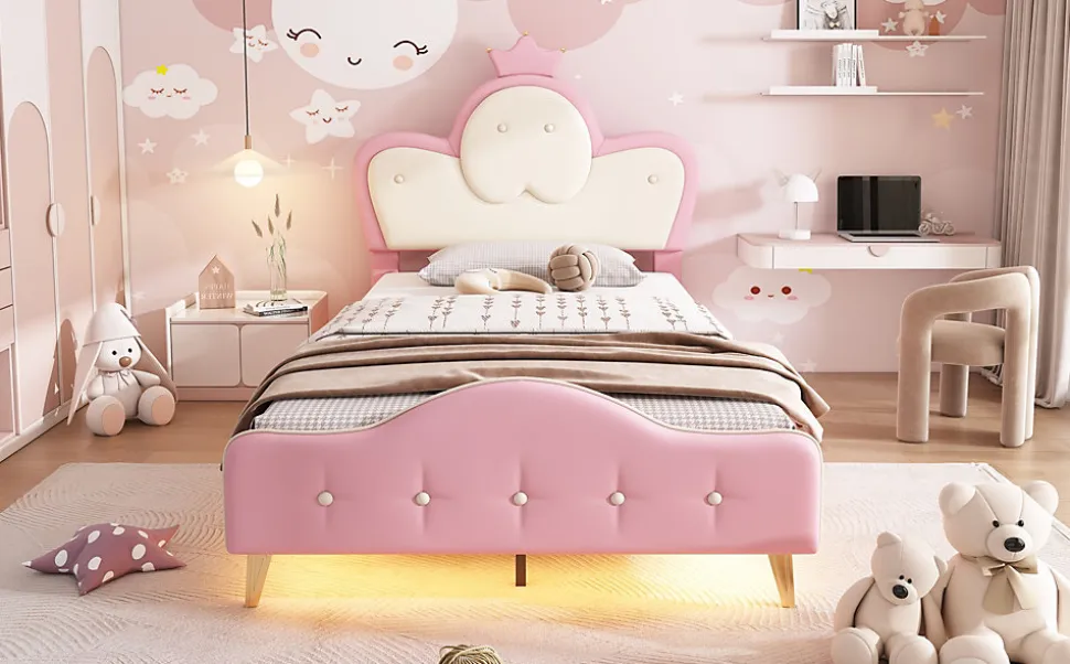 Lit 90x200 cm enfant avec tête rembourrée en vague et couronne, PU blanc/rose et bande LED intégrée