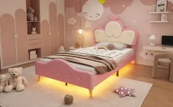 Lit 90x200 cm enfant avec tête rembourrée en vague et couronne, PU blanc/rose et bande LED intégrée