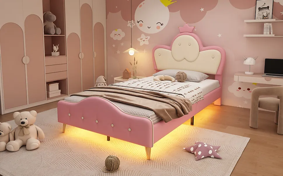 Lit 90x200 cm enfant avec tête rembourrée en vague et couronne, PU blanc/rose et bande LED intégrée