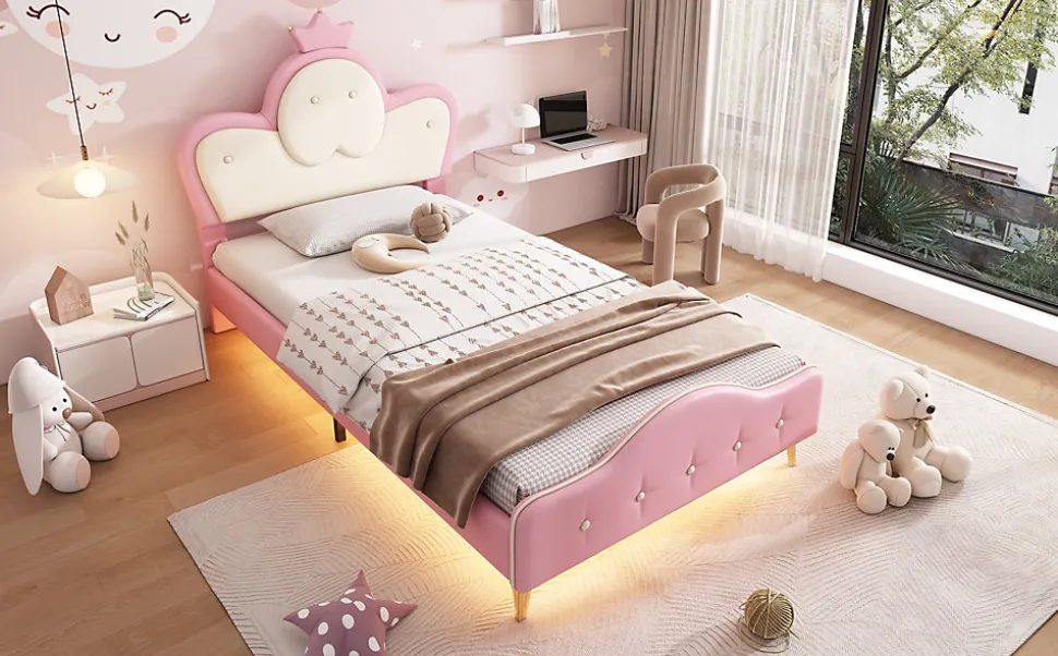 Lit 90x200 cm enfant avec tête rembourrée en vague et couronne, PU blanc/rose et bande LED intégrée