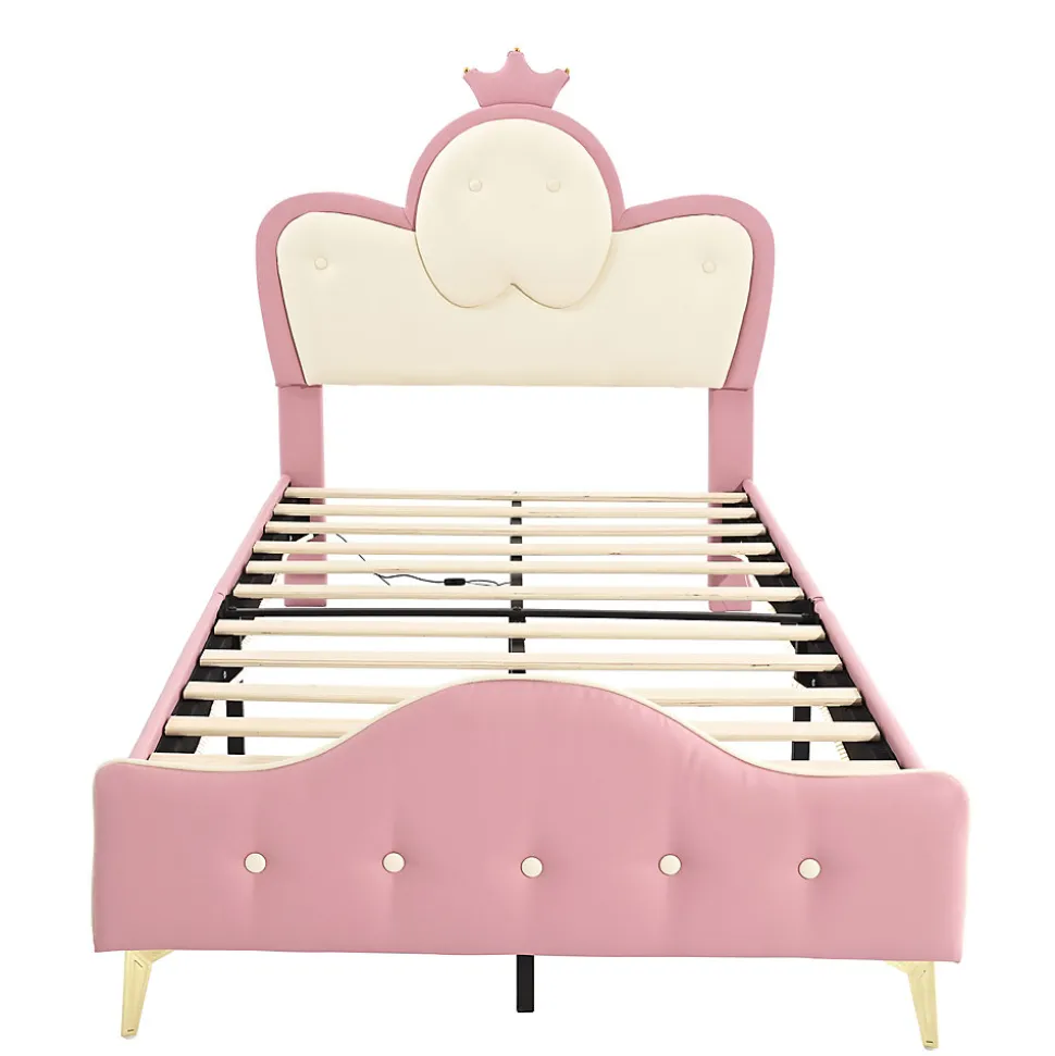 Lit 90x200 cm enfant avec tête rembourrée en vague et couronne, PU blanc/rose et bande LED intégrée