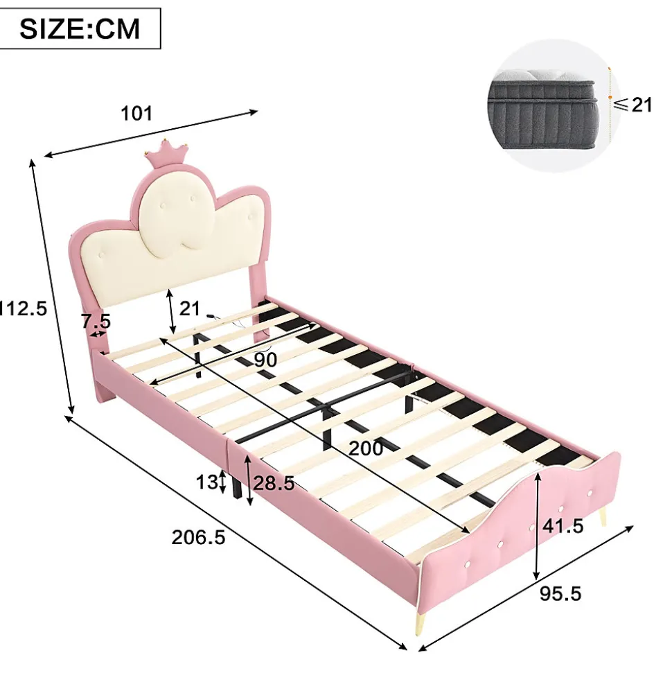Lit 90x200 cm enfant avec tête rembourrée en vague et couronne, PU blanc/rose et bande LED intégrée