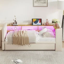 Lit 90/180x190 cm extensible avec rangements intégrés, éclairage LED, prises et tissu flanelle beige