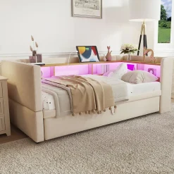 Lit 90/180x190 cm extensible avec rangements intégrés, éclairage LED, prises et tissu flanelle beige