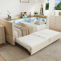 Lit 90/180x190 cm extensible avec rangements intégrés, éclairage LED, prises et tissu flanelle beige