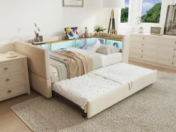 Lit 90/180x190 cm extensible avec rangements intégrés, éclairage LED, prises et tissu flanelle beige