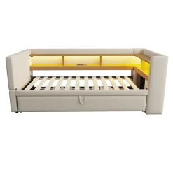 Lit 90/180x190 cm extensible avec rangements intégrés, éclairage LED, prises et tissu flanelle beige