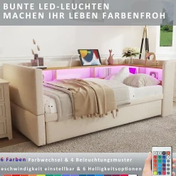 Lit 90/180x190 cm extensible avec rangements intégrés, éclairage LED, prises et tissu flanelle beige