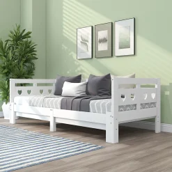 Lit 90x200 cm extensible avec 2e couchage et tête en forme de cœur en pin massif blanc, design romantique