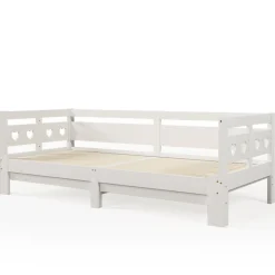 Lit 90x200 cm extensible avec 2e couchage et tête en forme de cœur en pin massif blanc, design romantique