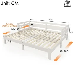 Lit 90x200 cm extensible avec 2e couchage et tête en forme de cœur en pin massif blanc, design romantique