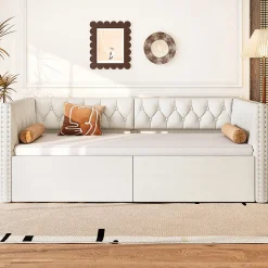 Lit 90x200 cm extensible en 180x200 cm avec éclairage LED, revêtement lin beige, design contemporain