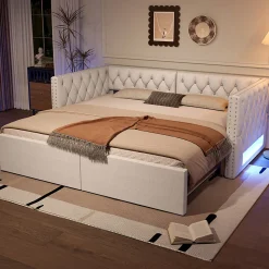 Lit 90x200 cm extensible en 180x200 cm avec éclairage LED, revêtement lin beige, design contemporain