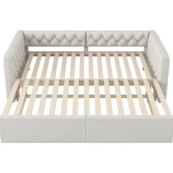 Lit 90x200 cm extensible en 180x200 cm avec éclairage LED, revêtement lin beige, design contemporain