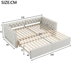 Lit 90x200 cm extensible en 180x200 cm avec éclairage LED, revêtement lin beige, design contemporain