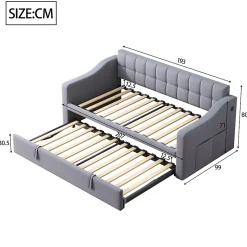 Lit 90x190 cm extensible jusqu'à 180 cm, convertible en sofa en velours gris avec ports USB intégrés