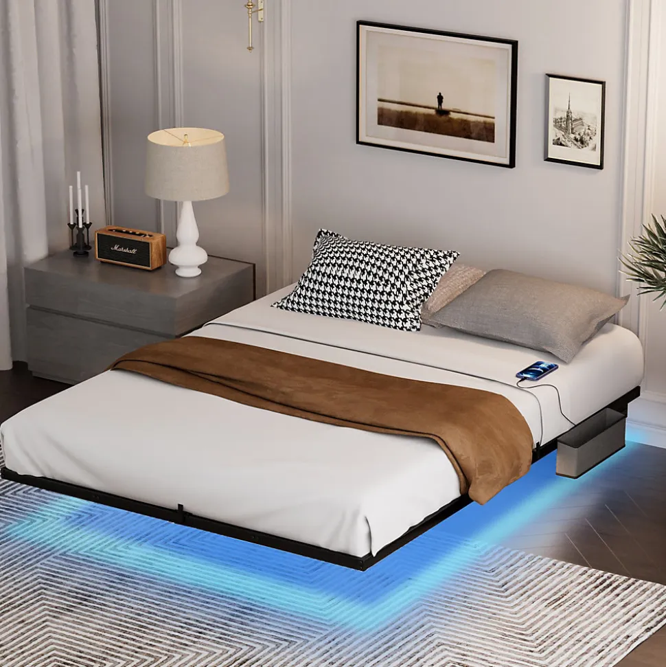 Lit 160x200 cm flottant en acier noir avec éclairage LED, station USB-C et poche de rangement