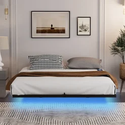 Lit 160x200 cm flottant en acier noir avec éclairage LED, station USB-C et poche de rangement