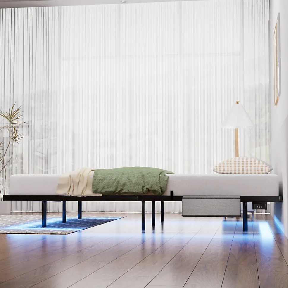 Lit 160x200 cm flottant en acier noir avec éclairage LED, station USB-C et poche de rangement