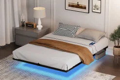 Lit 160x200 cm flottant en acier noir avec éclairage LED, station USB-C et poche de rangement