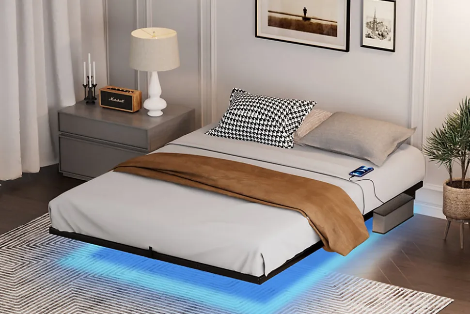 Lit 160x200 cm flottant en acier noir avec éclairage LED, station USB-C et poche de rangement