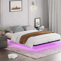 Lit 160x200 cm flottant en acier noir avec éclairage LED, station USB-C et poche de rangement