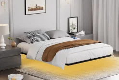 Lit 160x200 cm flottant en acier noir avec éclairage LED, station USB-C et poche de rangement