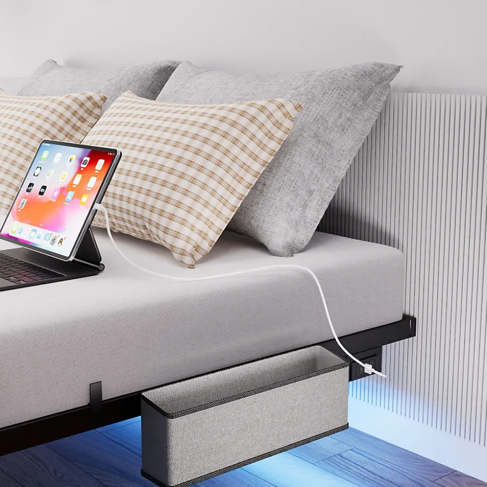 Lit 160x200 cm flottant en acier noir avec éclairage LED, station USB-C et poche de rangement