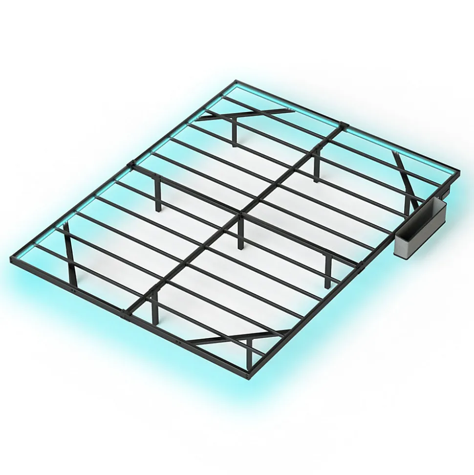 Lit 160x200 cm flottant en acier noir avec éclairage LED, station USB-C et poche de rangement