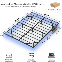 Lit 160x200 cm flottant en acier noir avec éclairage LED, station USB-C et poche de rangement