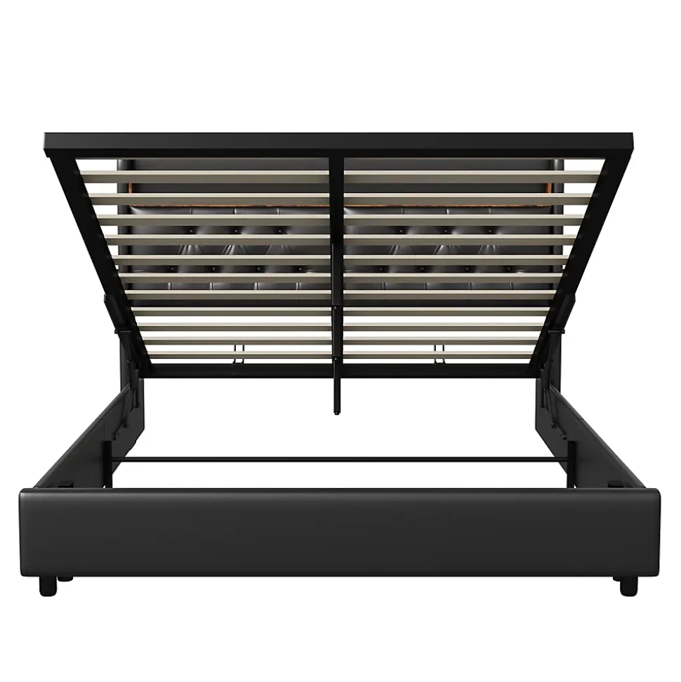 Lit 180x200 cm, LED, port USB, coffre de rangement, tête de lit, sommier à lattes, PU noir (2 personnes).