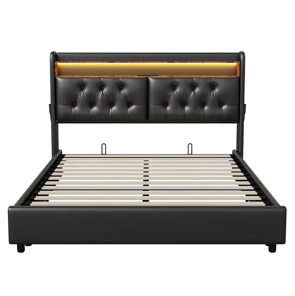 Lit 180x200 cm, LED, port USB, coffre de rangement, tête de lit, sommier à lattes, PU noir (2 personnes).