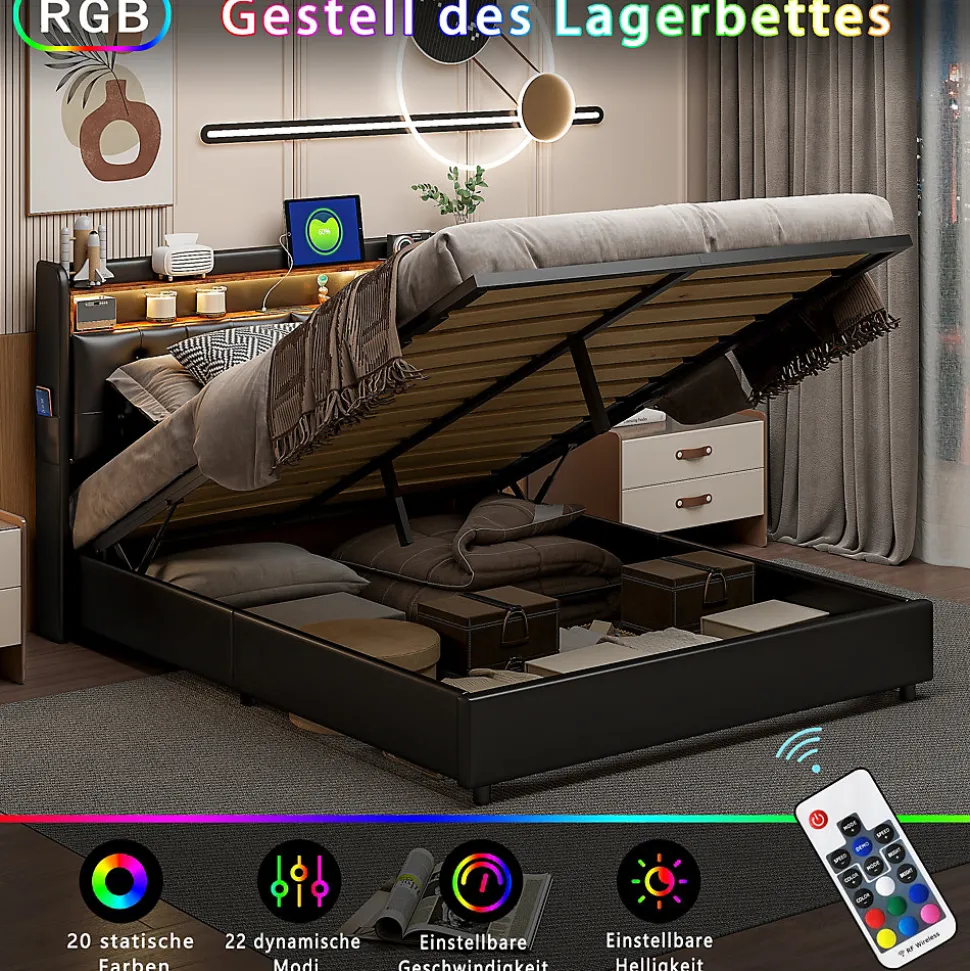 Lit 180x200 cm, LED, port USB, coffre de rangement, tête de lit, sommier à lattes, PU noir (2 personnes).