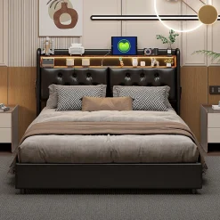 Lit 180x200 cm, LED, port USB, coffre de rangement, tête de lit, sommier à lattes, PU noir (2 personnes).