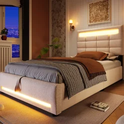 Lit 90x200 cm lin beige avec rangement hydraulique et éclairage LED 16 couleurs contrôlable par application