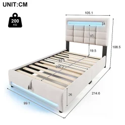 Lit 90x200 cm lin beige avec rangement hydraulique et éclairage LED 16 couleurs contrôlable par application