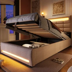 Lit 90x200 cm lin beige avec rangement hydraulique et éclairage LED 16 couleurs contrôlable par application